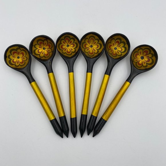 Other - Vintage Hand Painted Wooden Spoons 6 Pieces Black Gold Red 6" Long Flower Design